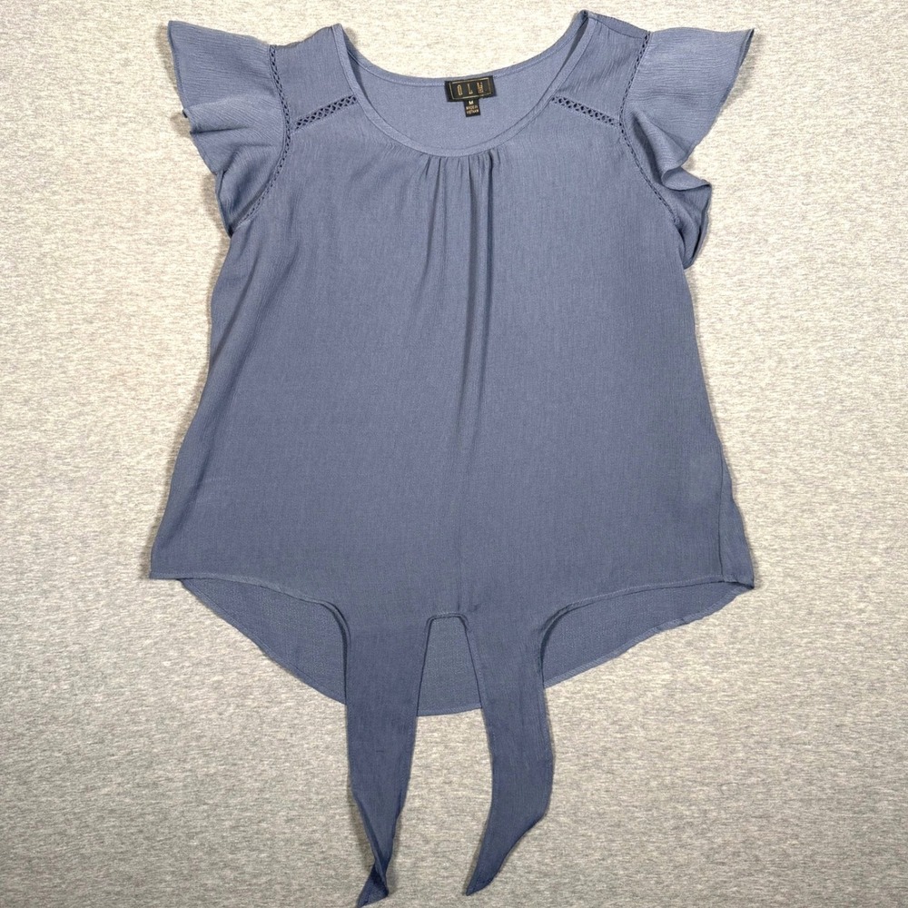 OLM Women Blue Gray Flutter Sleeve Tie Front Blouse Lace Trim Top MT2284102TS M